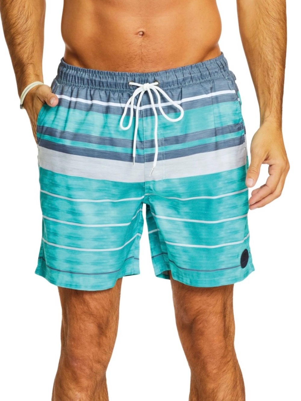 Surfmentailty men’s size M striped beach shorts. teal and gray,new‎ with tags